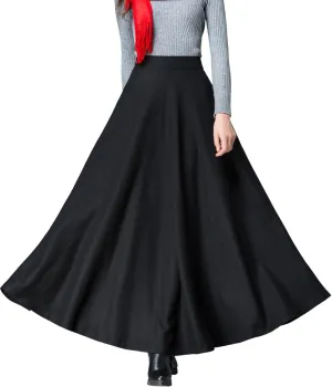 Women's Black Winter Wool Blend Long Skirt High Waist A Line Skirt