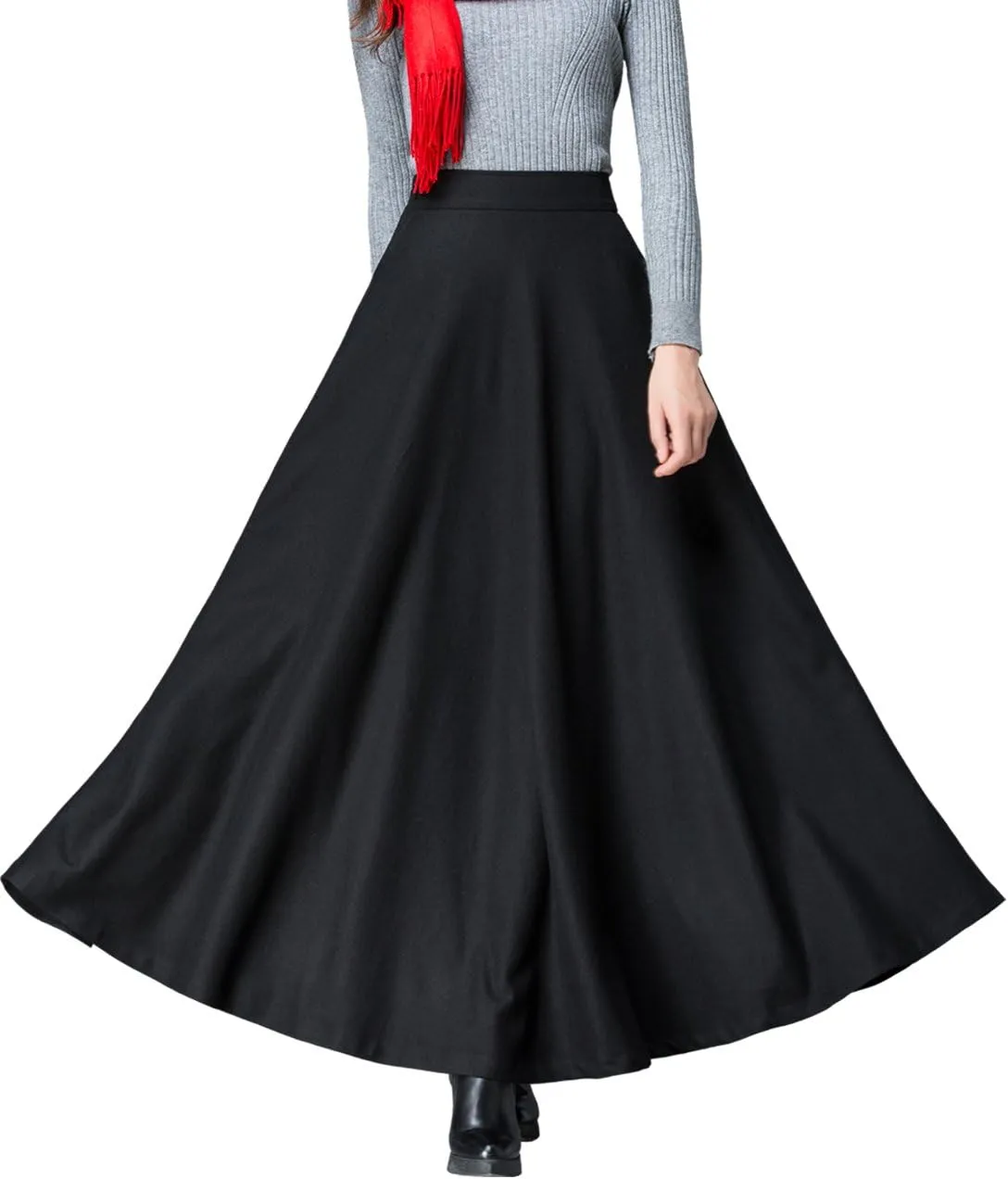 Women's Black Winter Wool Blend Long Skirt High Waist A Line Skirt