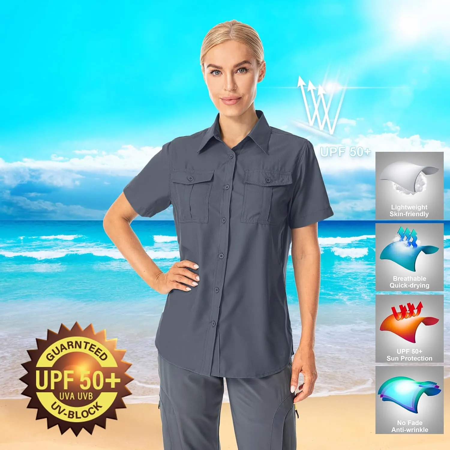 Women's Button Down Shirts UPF 50  Short Sleeve Sun Protection Shirts Stretch Quick Dry Shirt for Fishing, Hiking, Travel