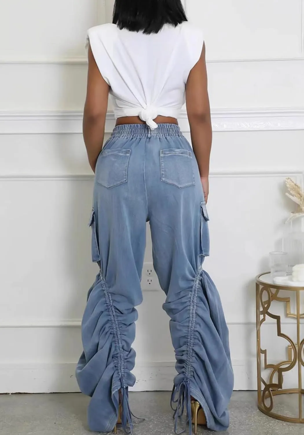 Women's Cargo Jeans High Waisted Straight Leg Baggy Winkled Bow Tie Jeans Wide Leg Denim Pants with Drawstring