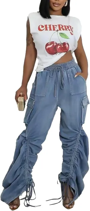 Women's Cargo Jeans High Waisted Straight Leg Baggy Winkled Bow Tie Jeans Wide Leg Denim Pants with Drawstring