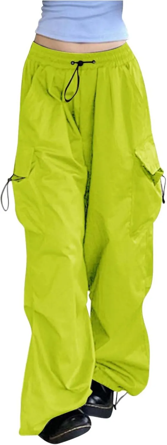 Womens Casual Cargo Jogger Pants Hiking Elastic Waist Baggy Y2K Multi Pockets High Waist Loose Vintage Grunge Pants