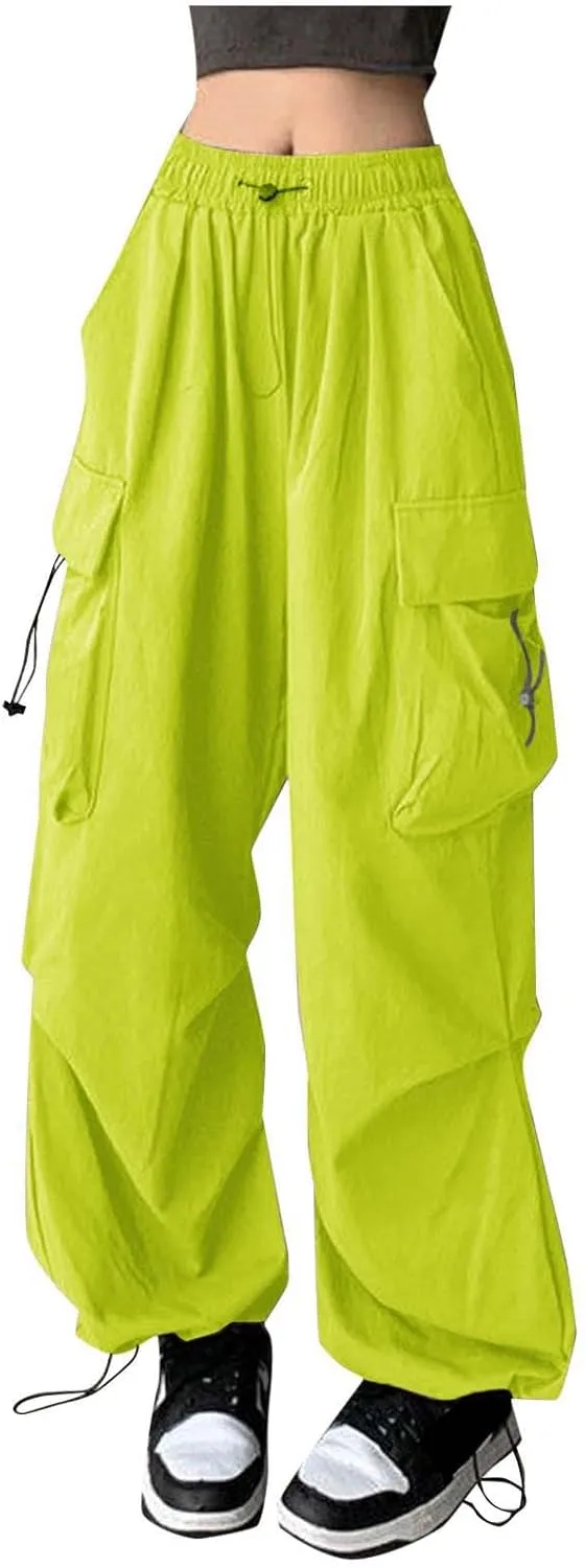 Womens Casual Cargo Jogger Pants Hiking Elastic Waist Baggy Y2K Multi Pockets High Waist Loose Vintage Grunge Pants