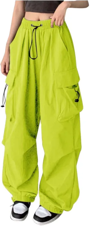 Womens Casual Cargo Jogger Pants Hiking Elastic Waist Baggy Y2K Multi Pockets High Waist Loose Vintage Grunge Pants
