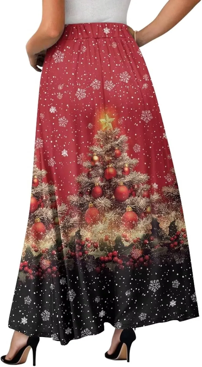 Womens Casual High Waist Skirt Elastic Ankle Length Summer Long Maxi Skirts Dress with Pockets Size S-2XL