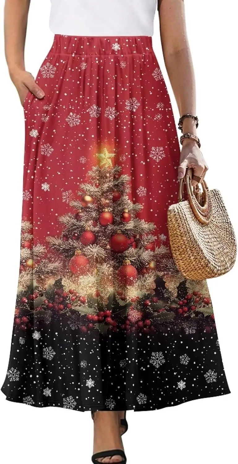 Womens Casual High Waist Skirt Elastic Ankle Length Summer Long Maxi Skirts Dress with Pockets Size S-2XL