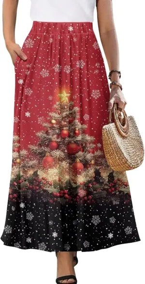 Womens Casual High Waist Skirt Elastic Ankle Length Summer Long Maxi Skirts Dress with Pockets Size S-2XL