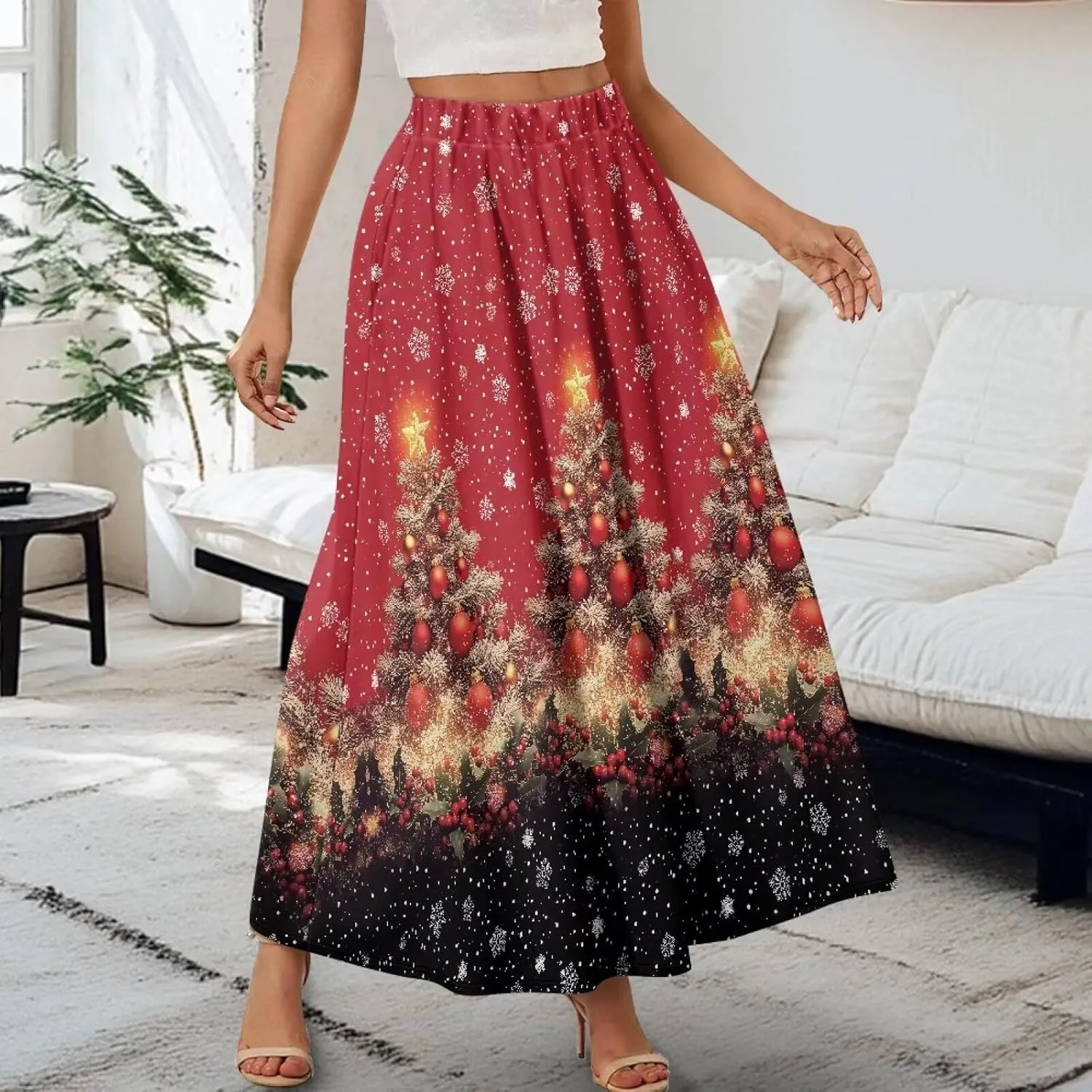 Womens Casual High Waist Skirt Elastic Ankle Length Summer Long Maxi Skirts Dress with Pockets Size S-2XL