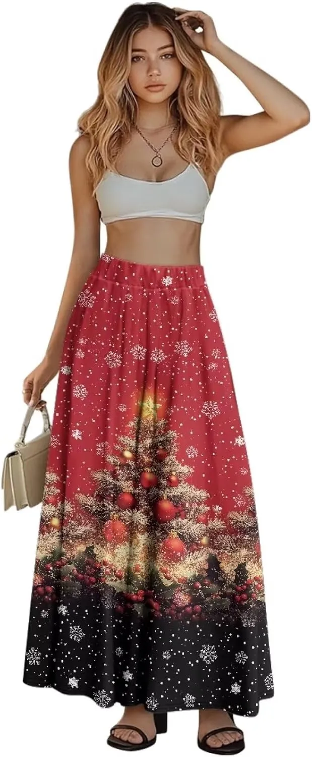 Womens Casual High Waist Skirt Elastic Ankle Length Summer Long Maxi Skirts Dress with Pockets Size S-2XL