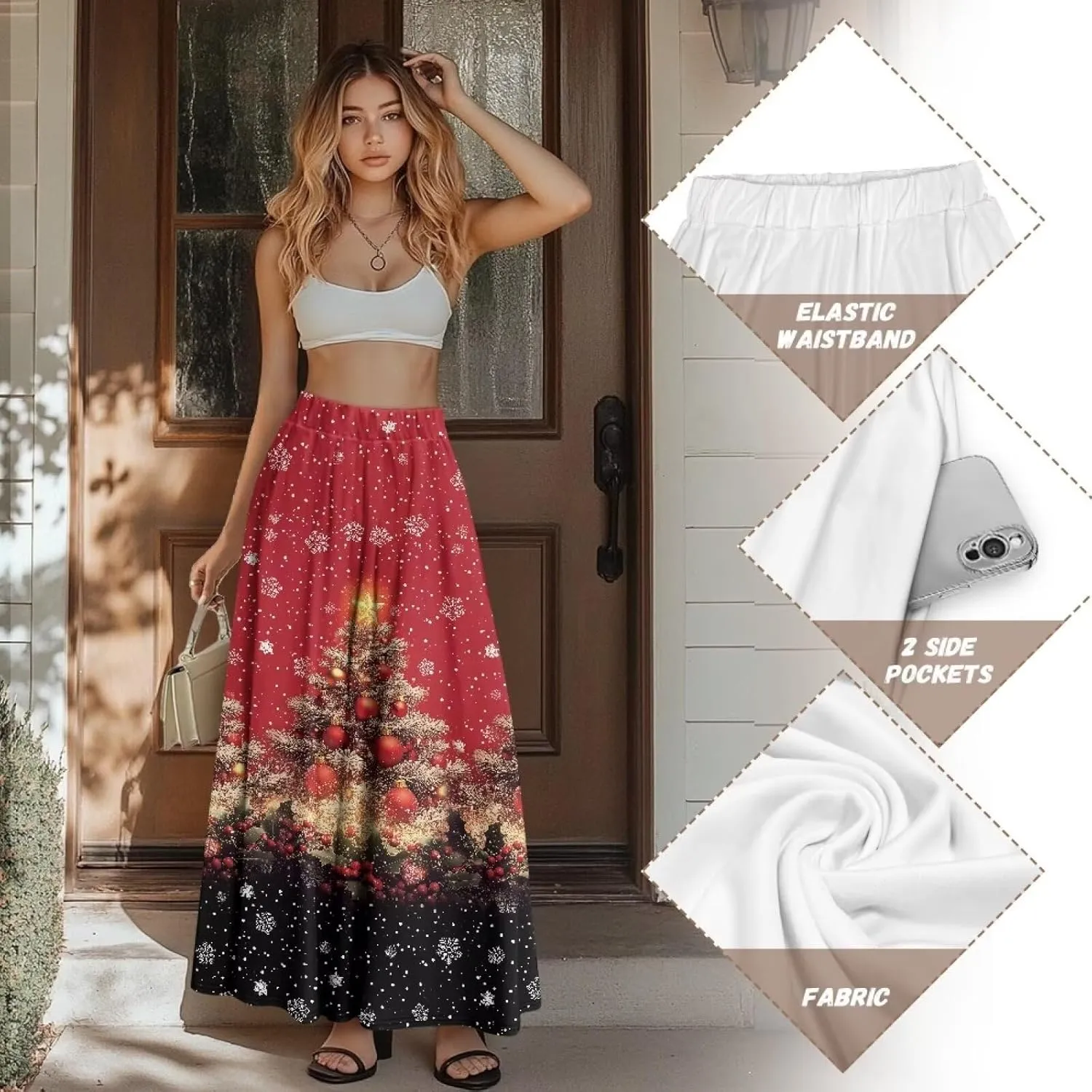 Womens Casual High Waist Skirt Elastic Ankle Length Summer Long Maxi Skirts Dress with Pockets Size S-2XL