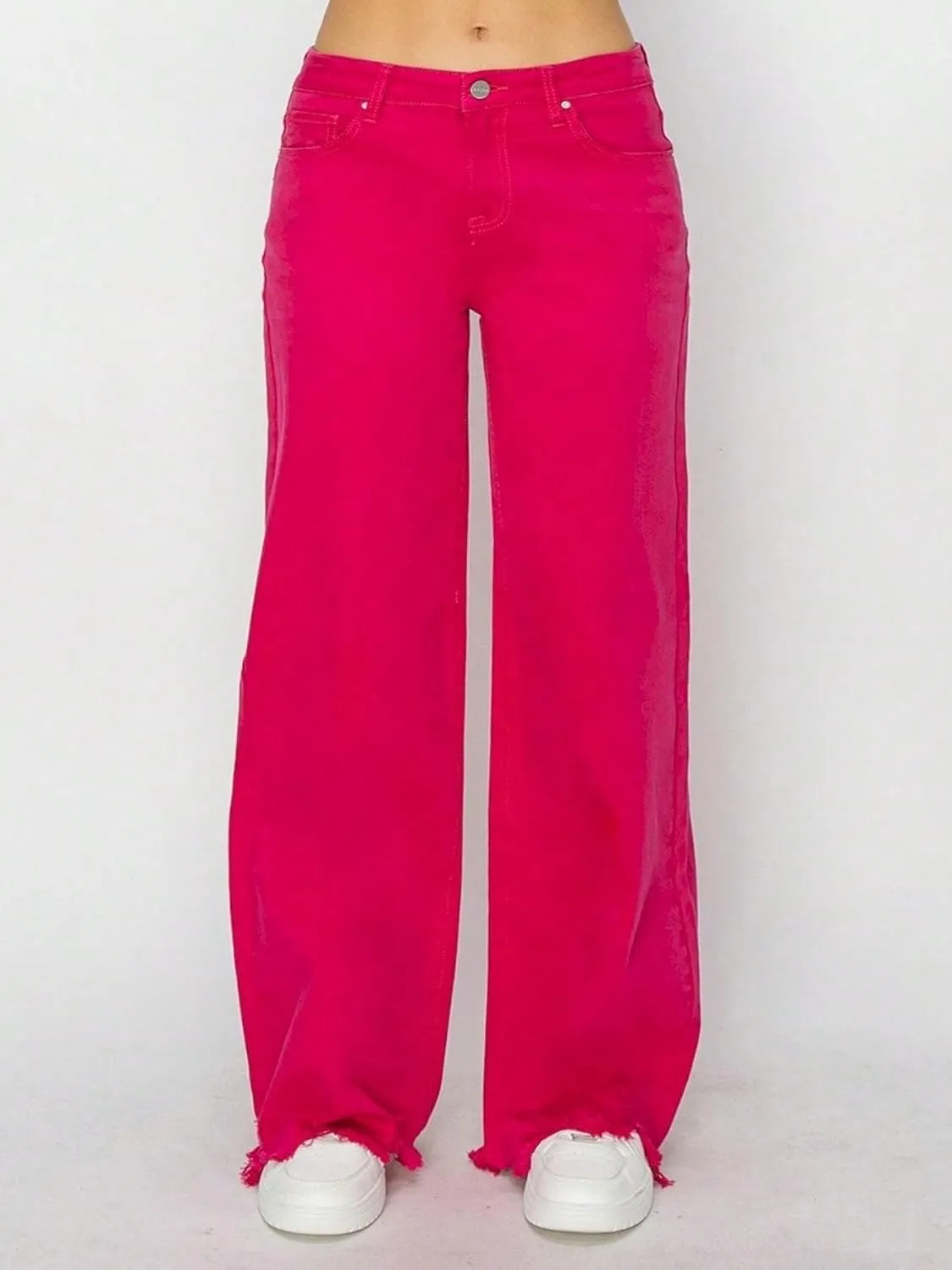 Women's Casual Jeans Y2K Style High-Waisted Wide Leg Denim Pants Hot Pink Raw Hem Full Length Button