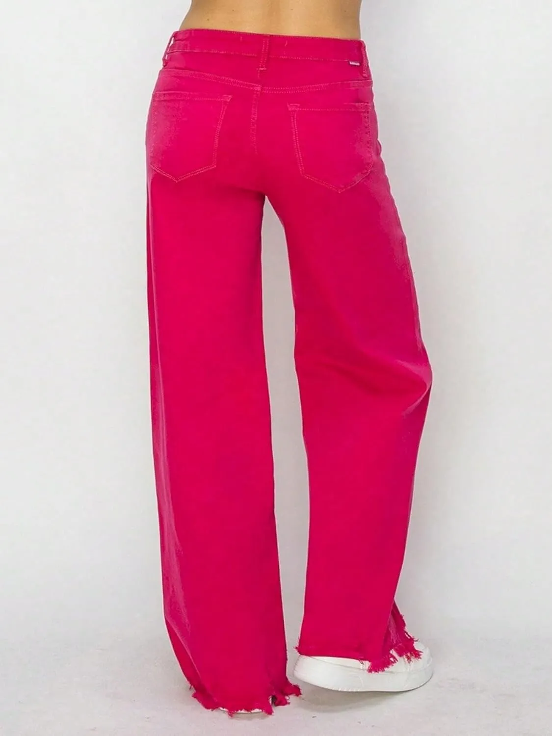 Women's Casual Jeans Y2K Style High-Waisted Wide Leg Denim Pants Hot Pink Raw Hem Full Length Button