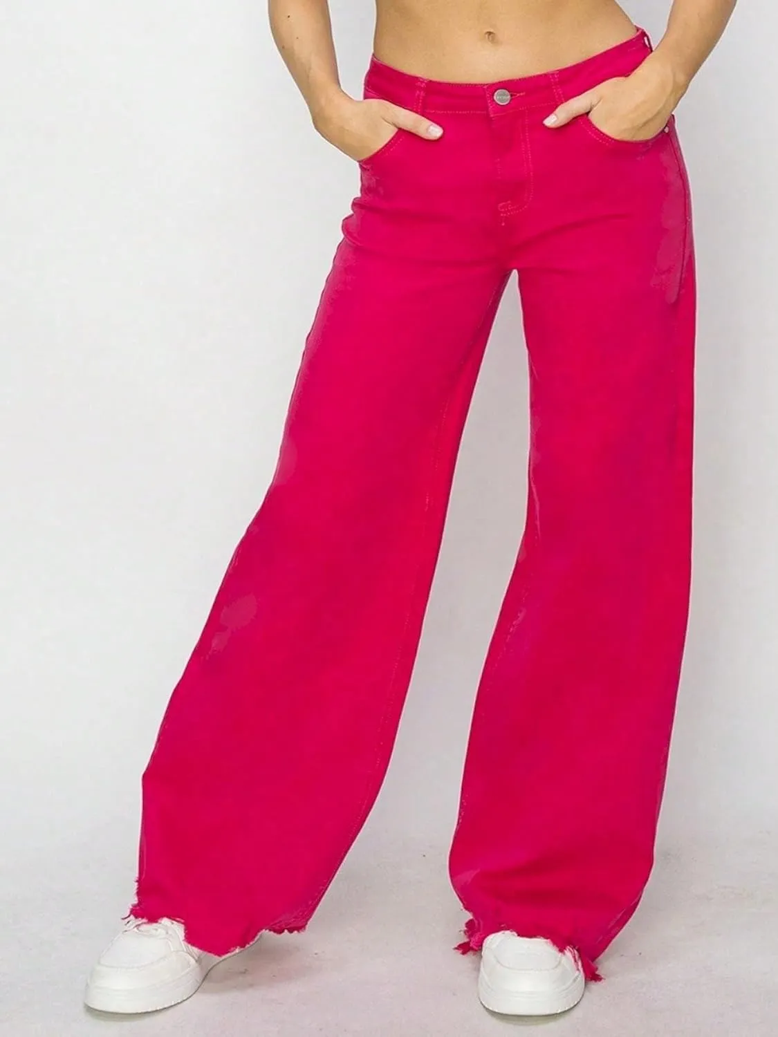 Women's Casual Jeans Y2K Style High-Waisted Wide Leg Denim Pants Hot Pink Raw Hem Full Length Button
