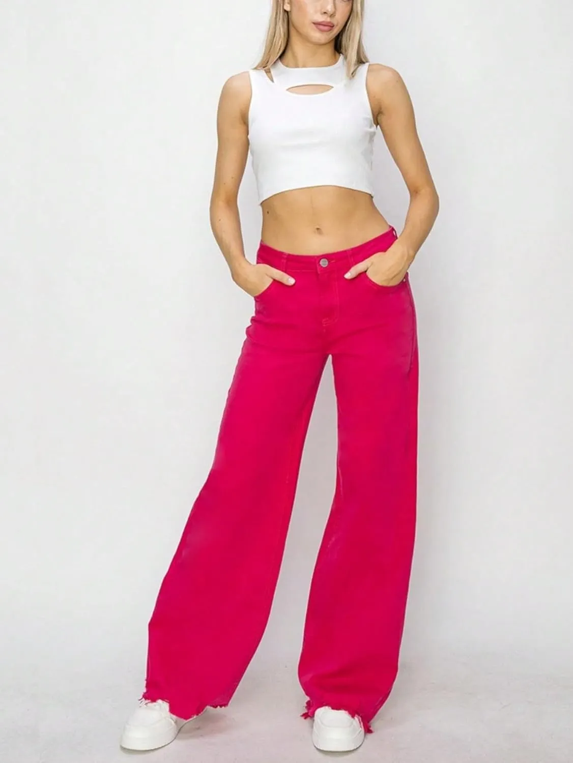 Women's Casual Jeans Y2K Style High-Waisted Wide Leg Denim Pants Hot Pink Raw Hem Full Length Button