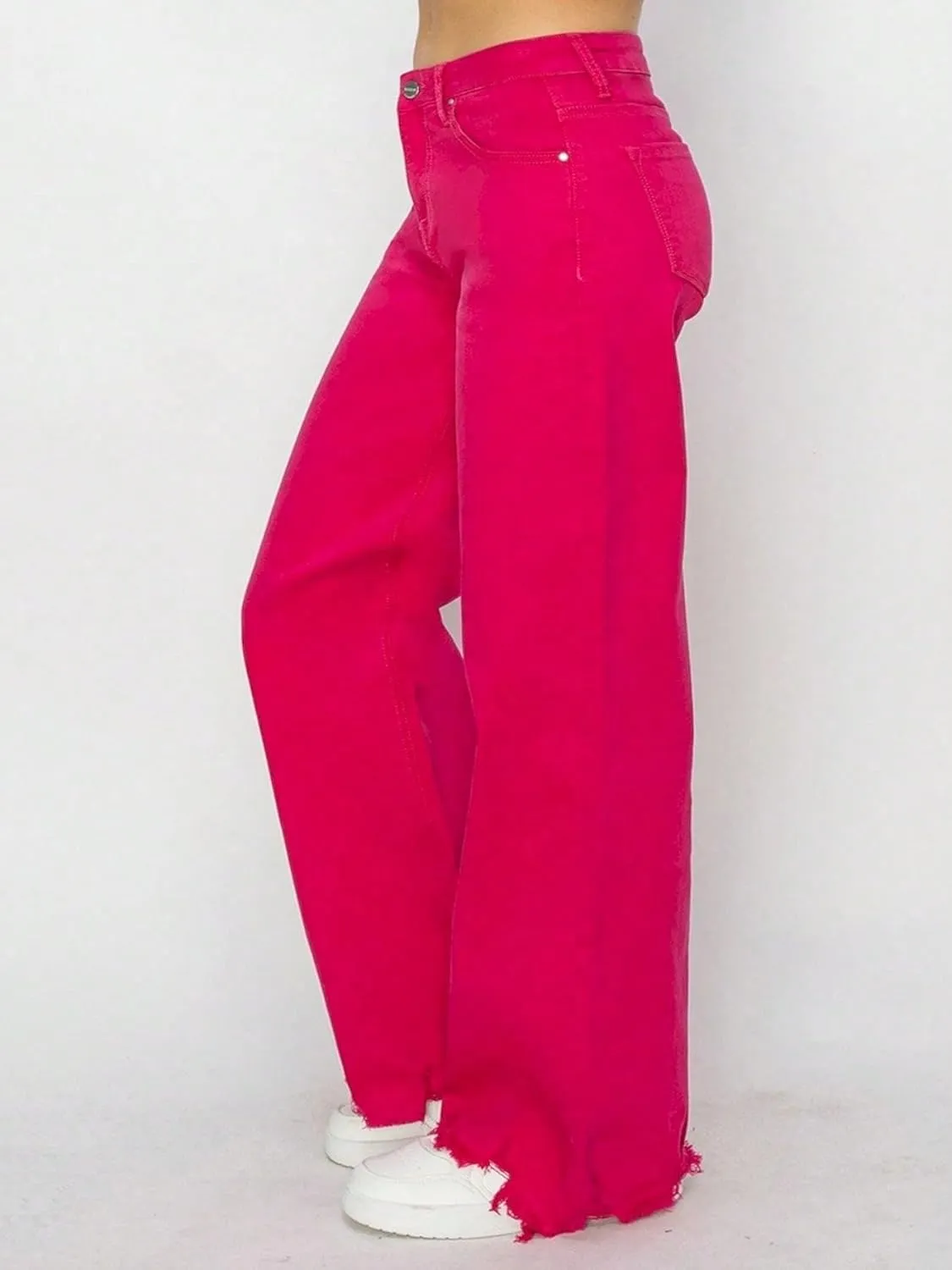 Women's Casual Jeans Y2K Style High-Waisted Wide Leg Denim Pants Hot Pink Raw Hem Full Length Button