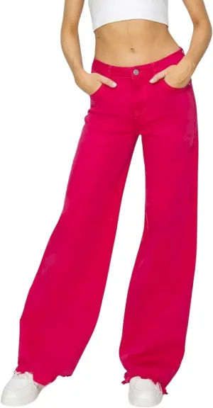 Women's Casual Jeans Y2K Style High-Waisted Wide Leg Denim Pants Hot Pink Raw Hem Full Length Button
