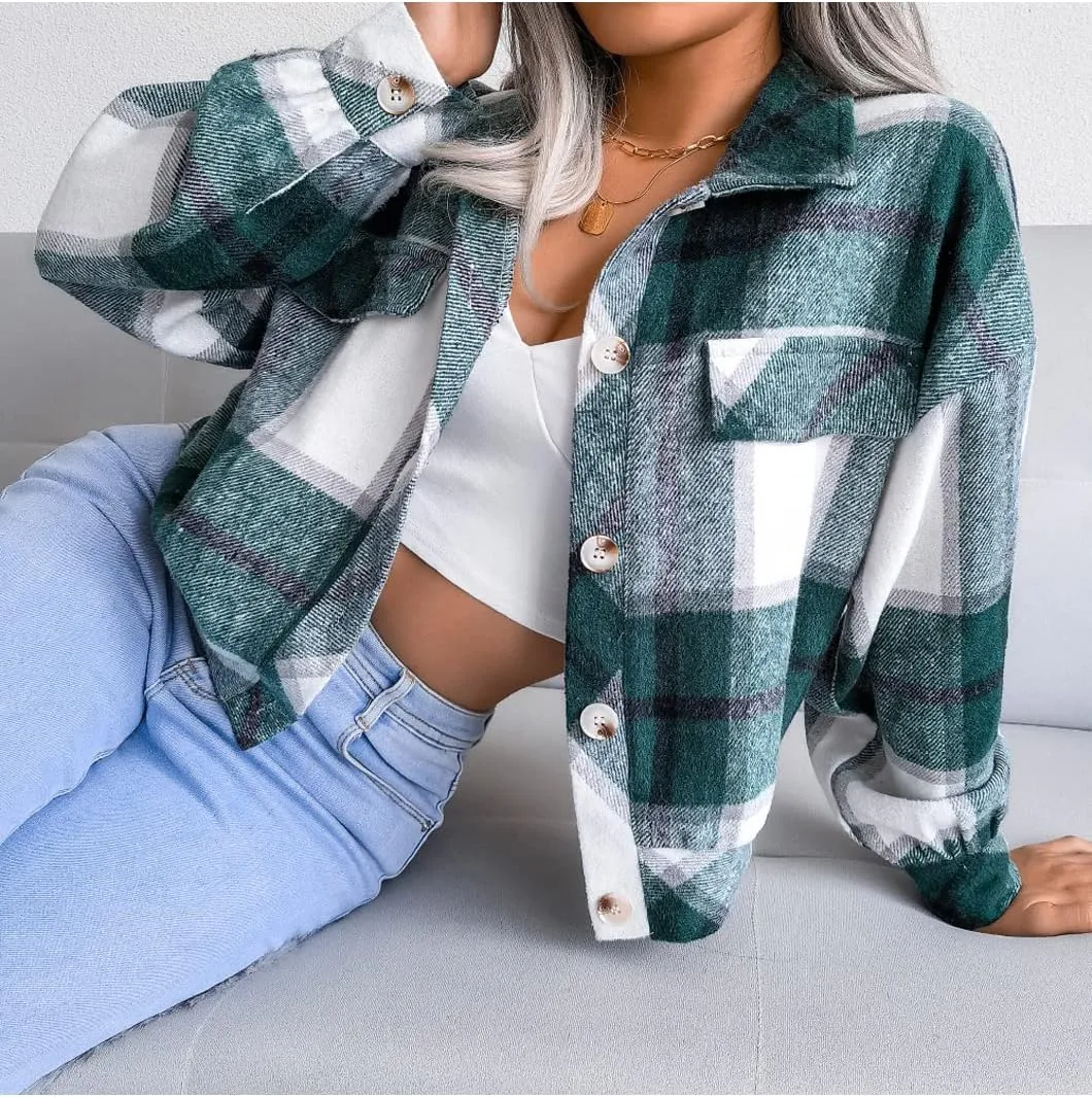 Womens Casual Plaid Shacket Long Sleeve Wool Blend Button Down Shirt Jacket Tops