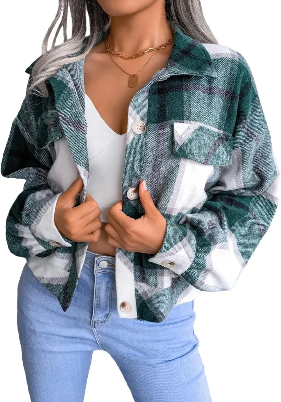 Womens Casual Plaid Shacket Long Sleeve Wool Blend Button Down Shirt Jacket Tops