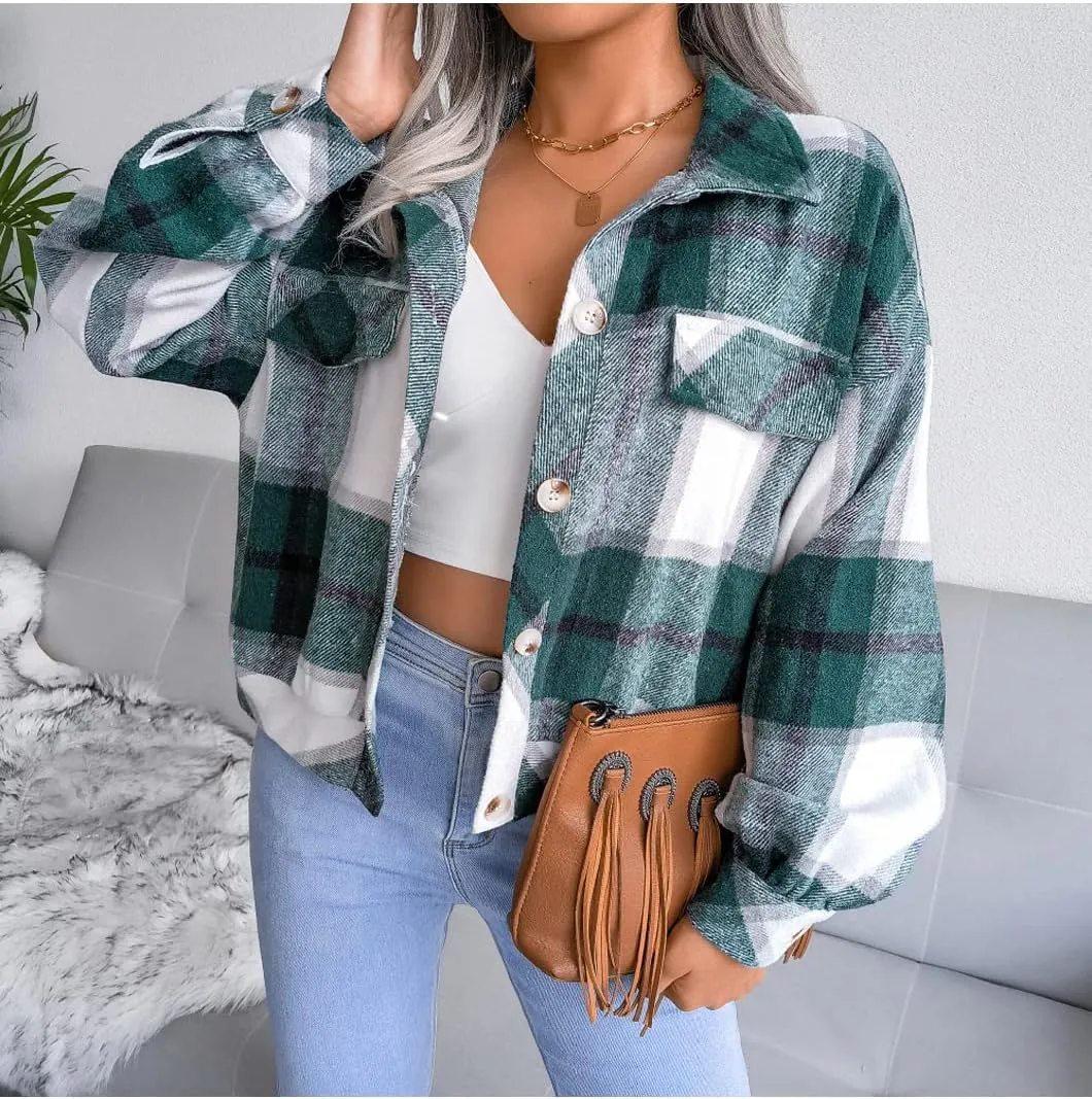Womens Casual Plaid Shacket Long Sleeve Wool Blend Button Down Shirt Jacket Tops