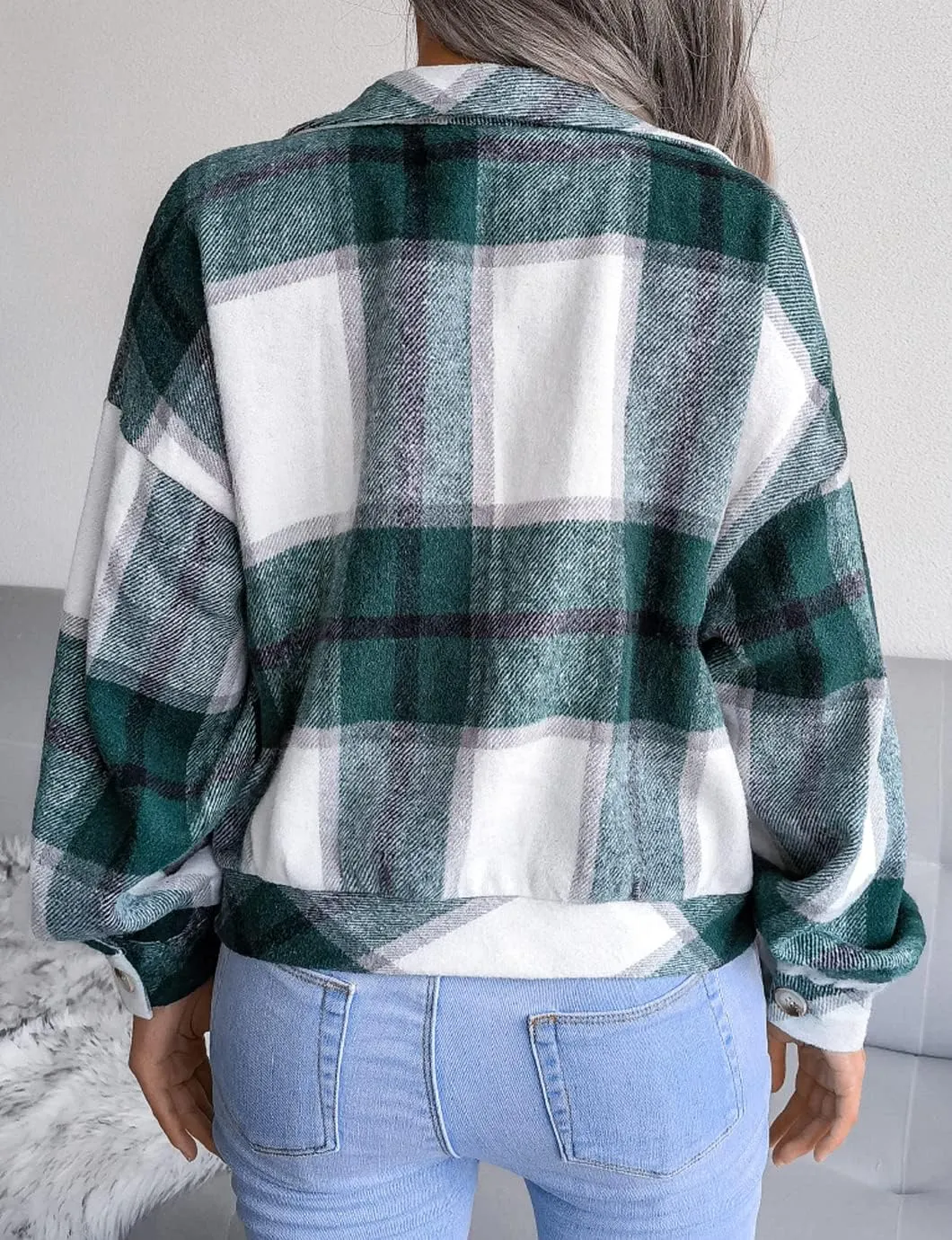 Womens Casual Plaid Shacket Long Sleeve Wool Blend Button Down Shirt Jacket Tops
