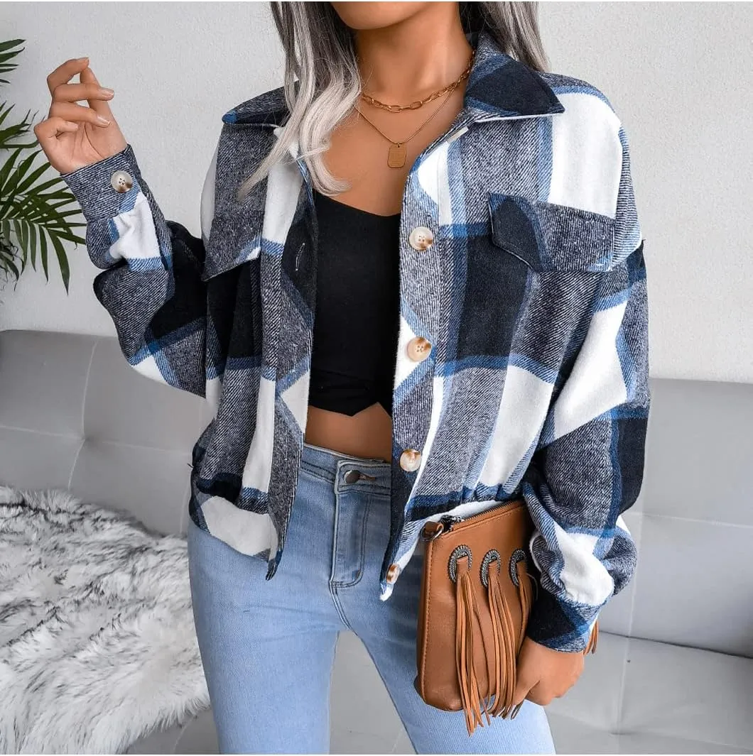 Womens Casual Plaid Shacket Long Sleeve Wool Blend Button Down Shirt Jacket Tops