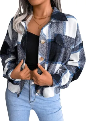 Womens Casual Plaid Shacket Long Sleeve Wool Blend Button Down Shirt Jacket Tops