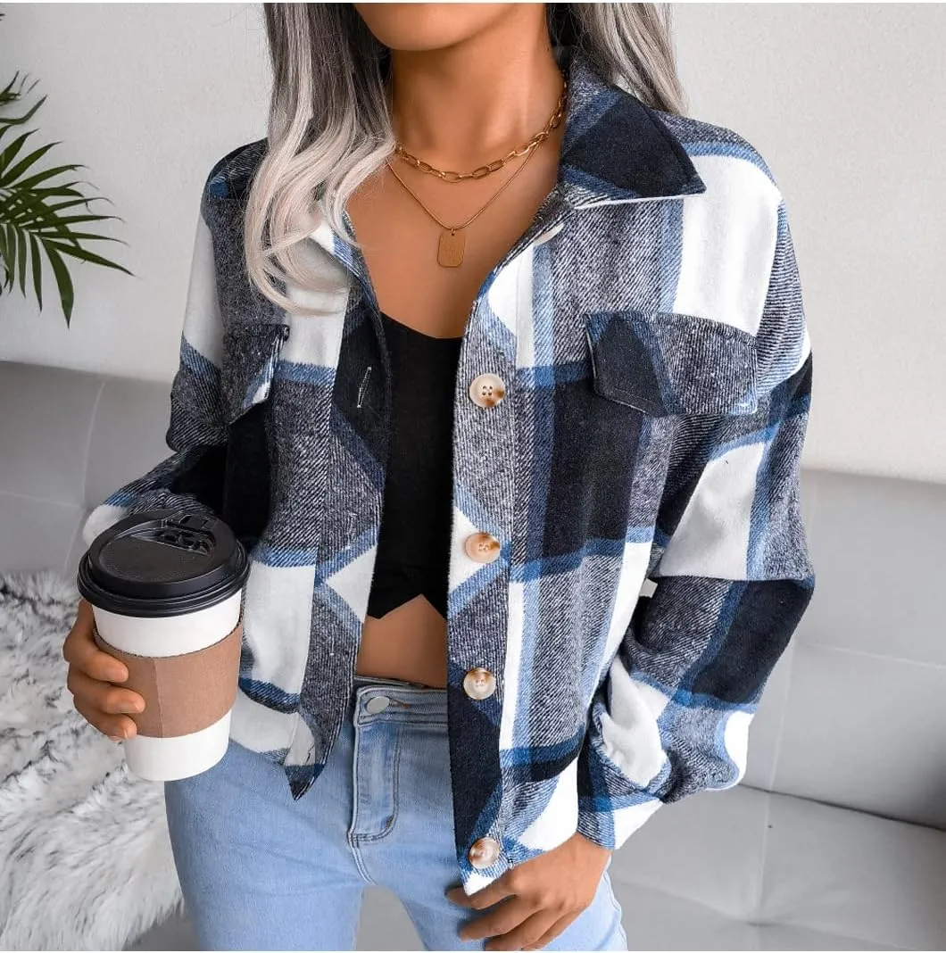 Womens Casual Plaid Shacket Long Sleeve Wool Blend Button Down Shirt Jacket Tops