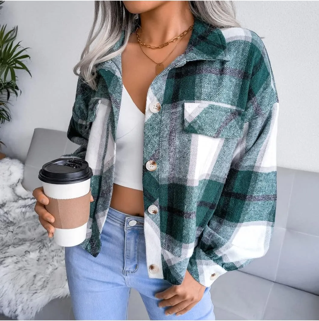 Womens Casual Plaid Shacket Long Sleeve Wool Blend Button Down Shirt Jacket Tops