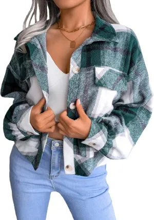 Womens Casual Plaid Shacket Long Sleeve Wool Blend Button Down Shirt Jacket Tops
