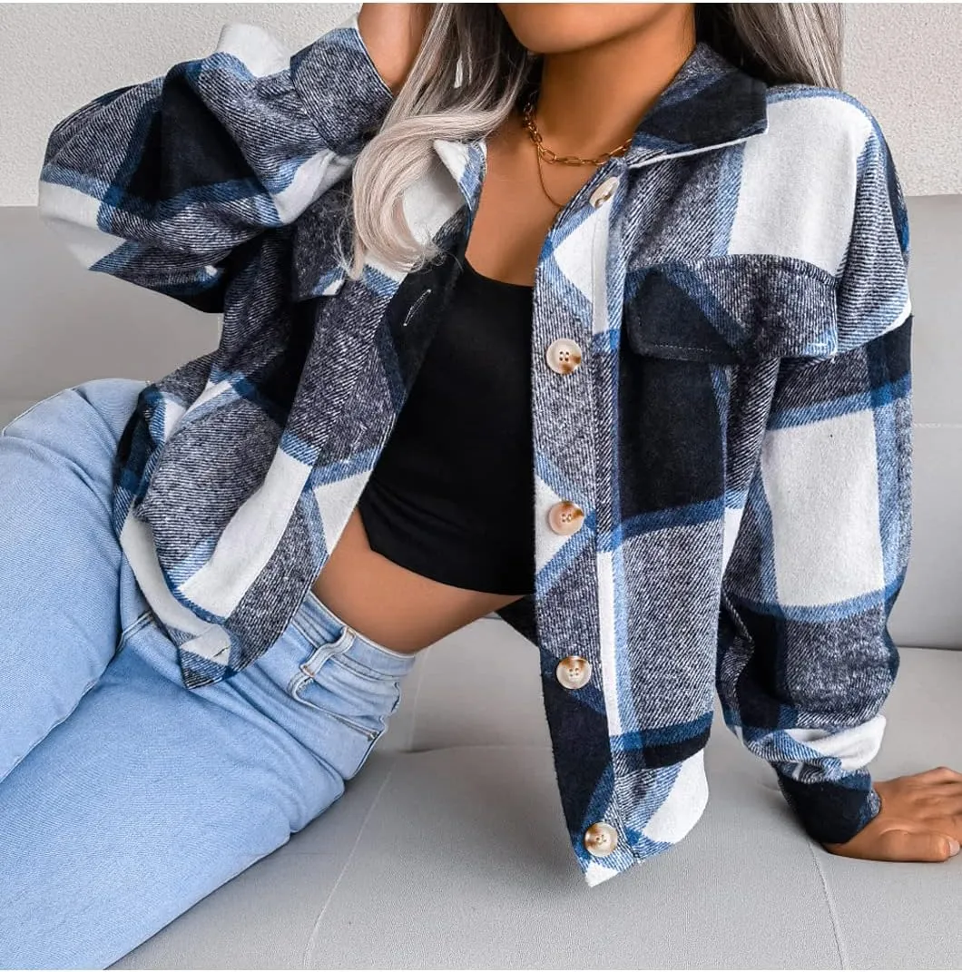 Womens Casual Plaid Shacket Long Sleeve Wool Blend Button Down Shirt Jacket Tops
