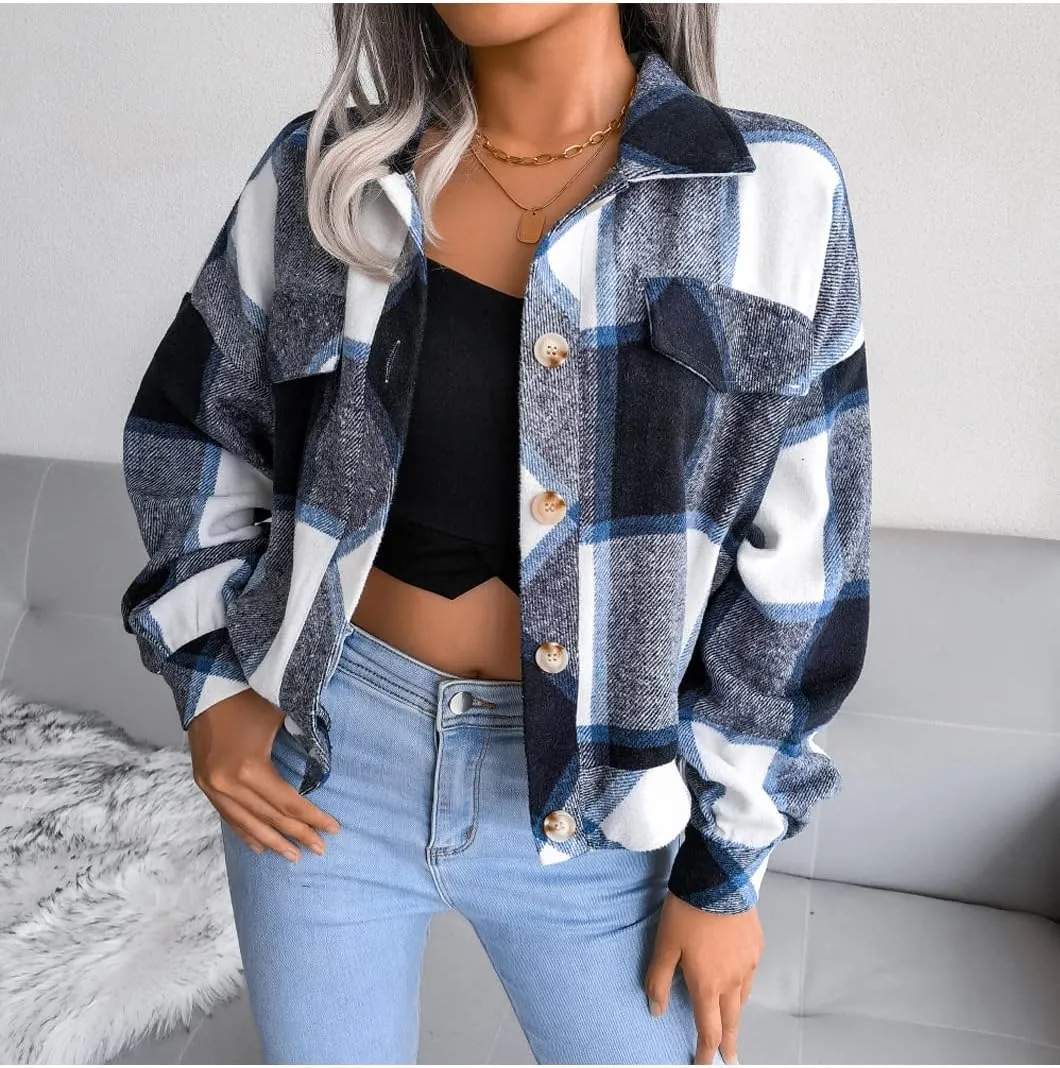 Womens Casual Plaid Shacket Long Sleeve Wool Blend Button Down Shirt Jacket Tops