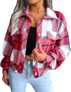 Womens Casual Plaid Shacket Long Sleeve Wool Blend Button Down Shirt Jacket Tops