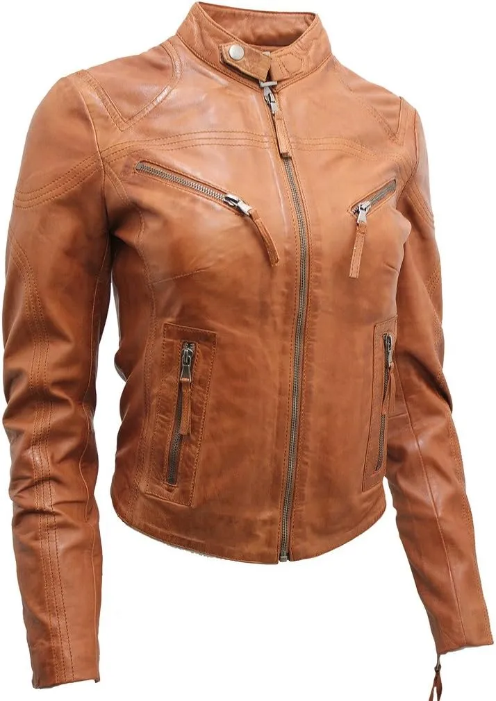 Women's Casual Tan Leather Biker Jacket