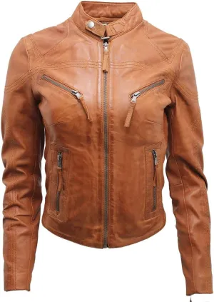 Women's Casual Tan Leather Biker Jacket