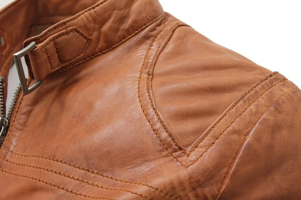 Women's Casual Tan Leather Biker Jacket