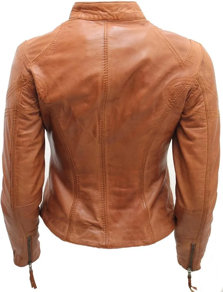 Women's Casual Tan Leather Biker Jacket