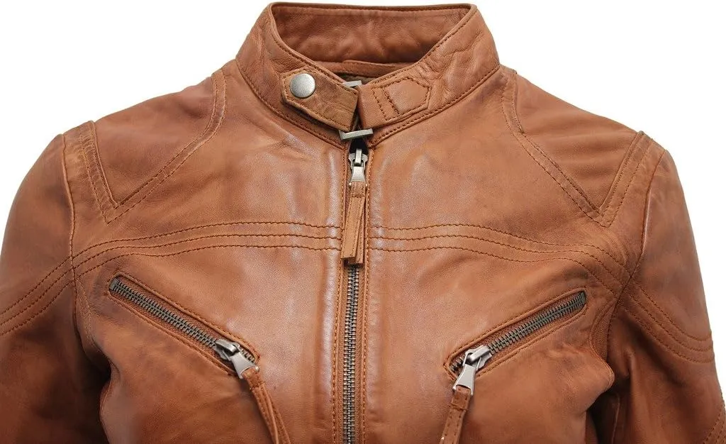 Women's Casual Tan Leather Biker Jacket