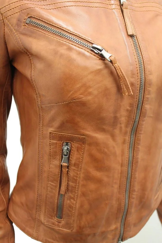 Women's Casual Tan Leather Biker Jacket