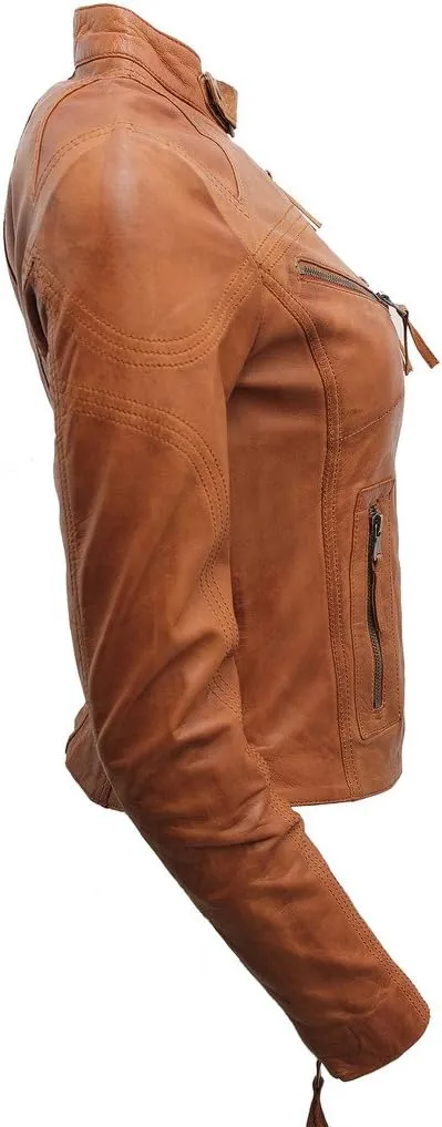 Women's Casual Tan Leather Biker Jacket