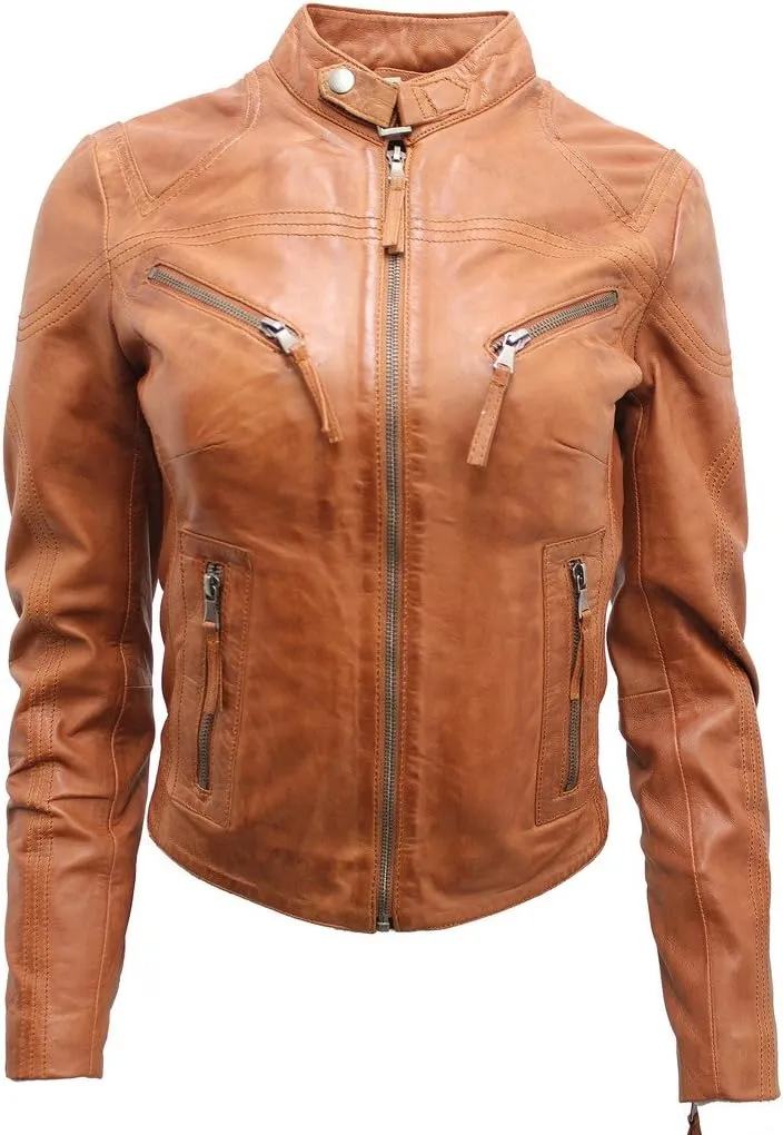 Women's Casual Tan Leather Biker Jacket