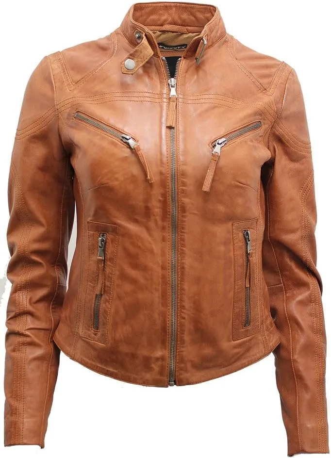 Women's Casual Tan Leather Biker Jacket