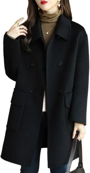 Women's Casual Thicken Double Breasted Pea Coat Mid Long Wool Coats with Pockets Women Mid Peacoat