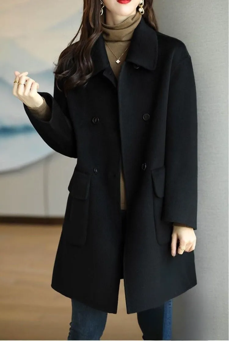 Women's Casual Thicken Double Breasted Pea Coat Mid Long Wool Coats with Pockets Women Mid Peacoat