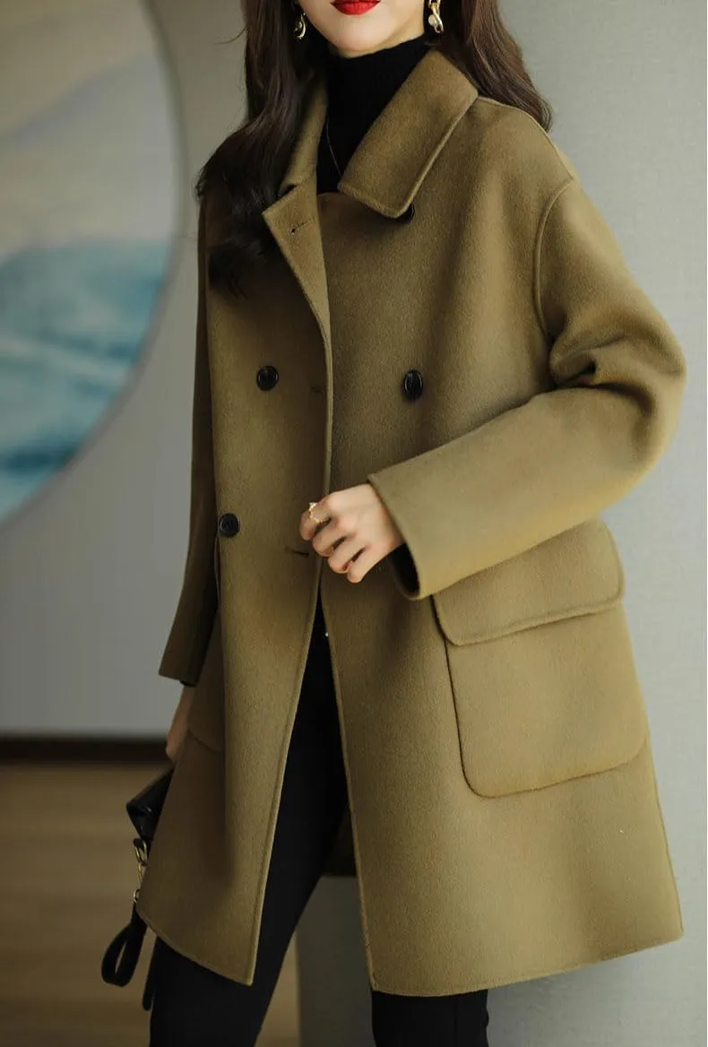 Women's Casual Thicken Double Breasted Pea Coat Mid Long Wool Coats with Pockets Women Mid Peacoat