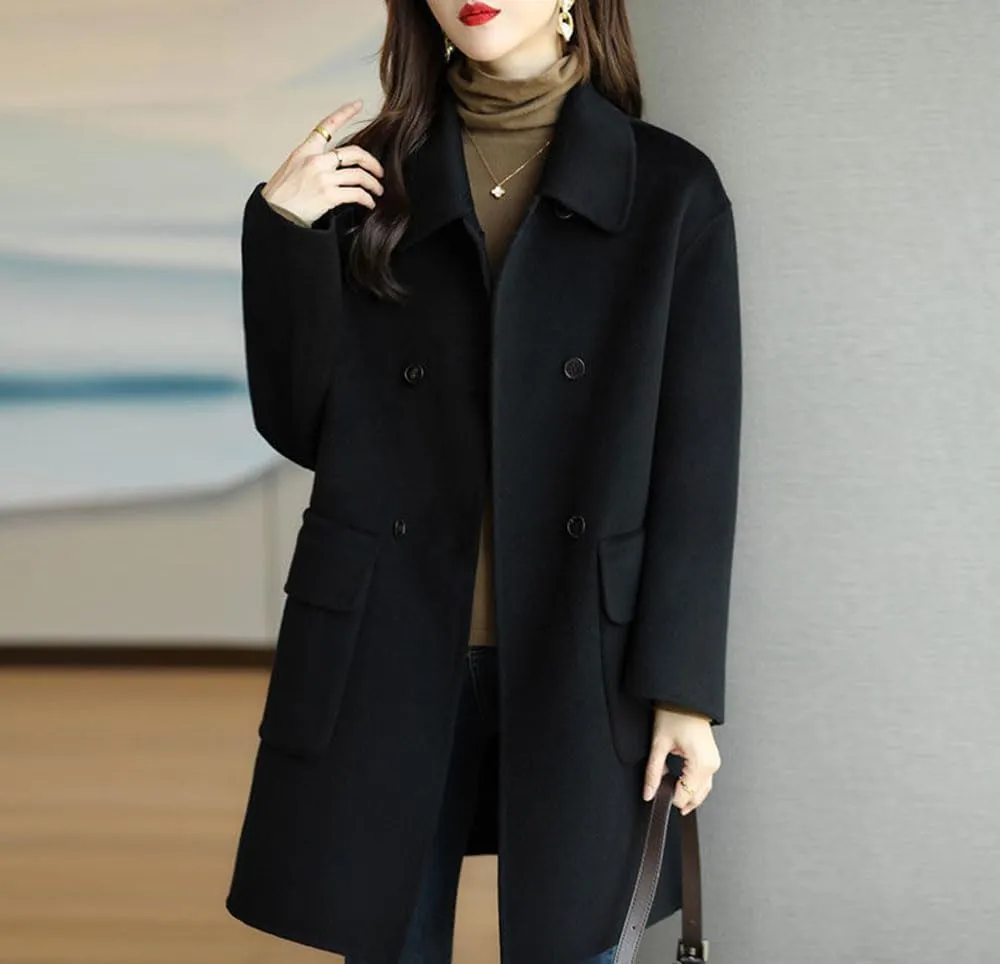 Women's Casual Thicken Double Breasted Pea Coat Mid Long Wool Coats with Pockets Women Mid Peacoat