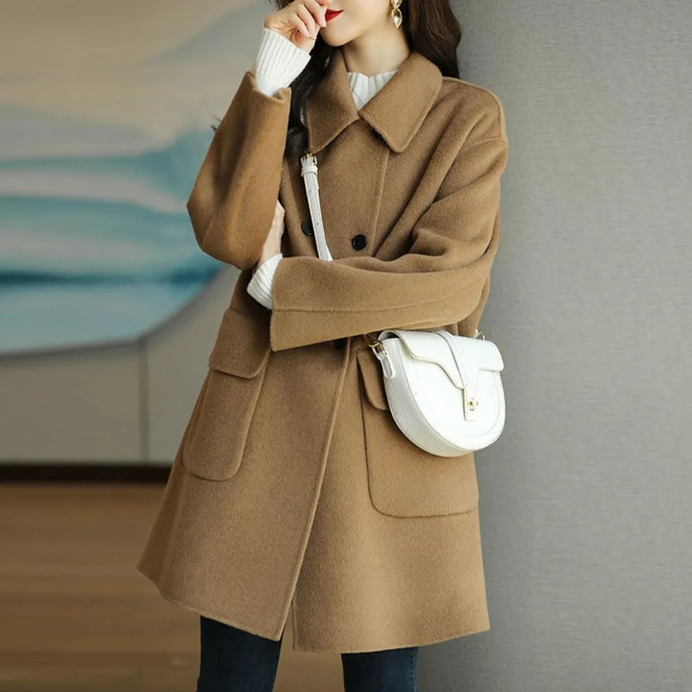 Women's Casual Thicken Double Breasted Pea Coat Mid Long Wool Coats with Pockets Women Mid Peacoat