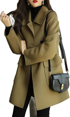 Women's Casual Thicken Double Breasted Pea Coat Mid Long Wool Coats with Pockets Women Mid Peacoat