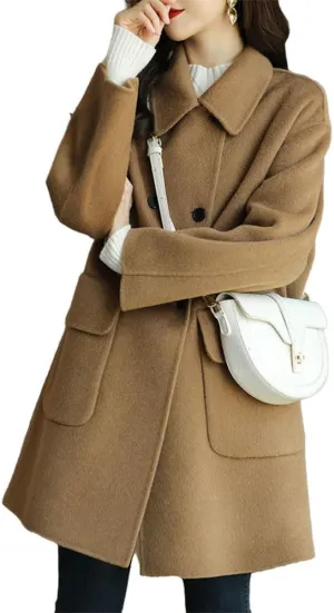 Women's Casual Thicken Double Breasted Pea Coat Mid Long Wool Coats with Pockets Women Mid Peacoat