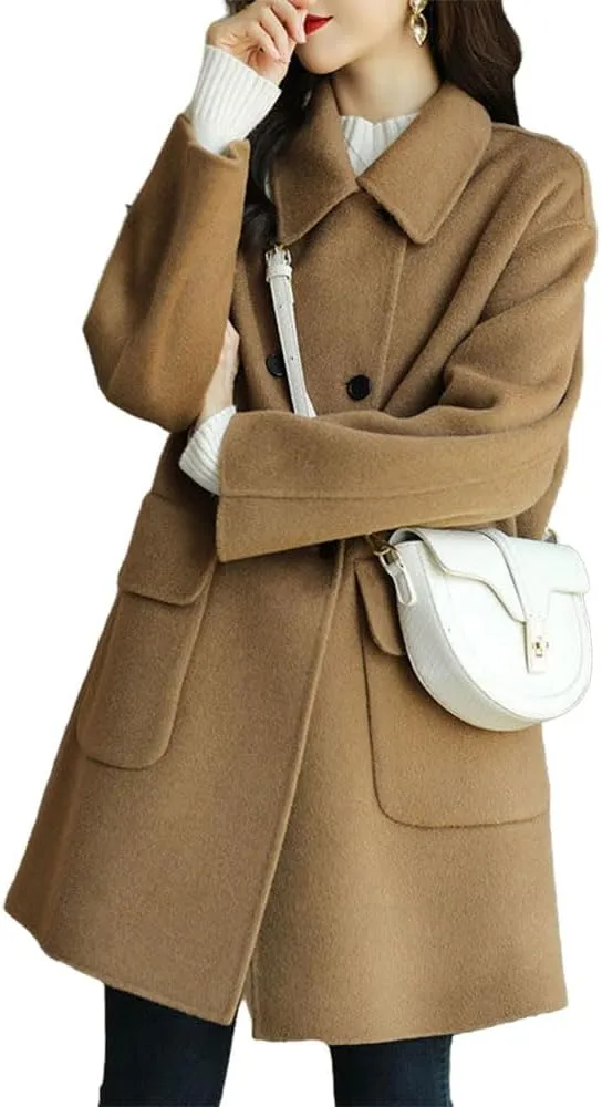 Women's Casual Thicken Double Breasted Pea Coat Mid Long Wool Coats with Pockets Women Mid Peacoat