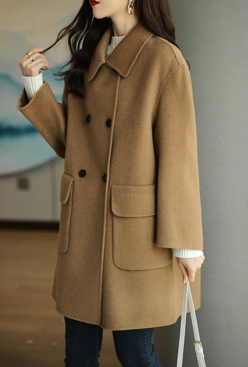 Women's Casual Thicken Double Breasted Pea Coat Mid Long Wool Coats with Pockets Women Mid Peacoat